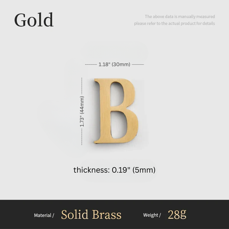 Gold letter 'B' with measurements on a gray background