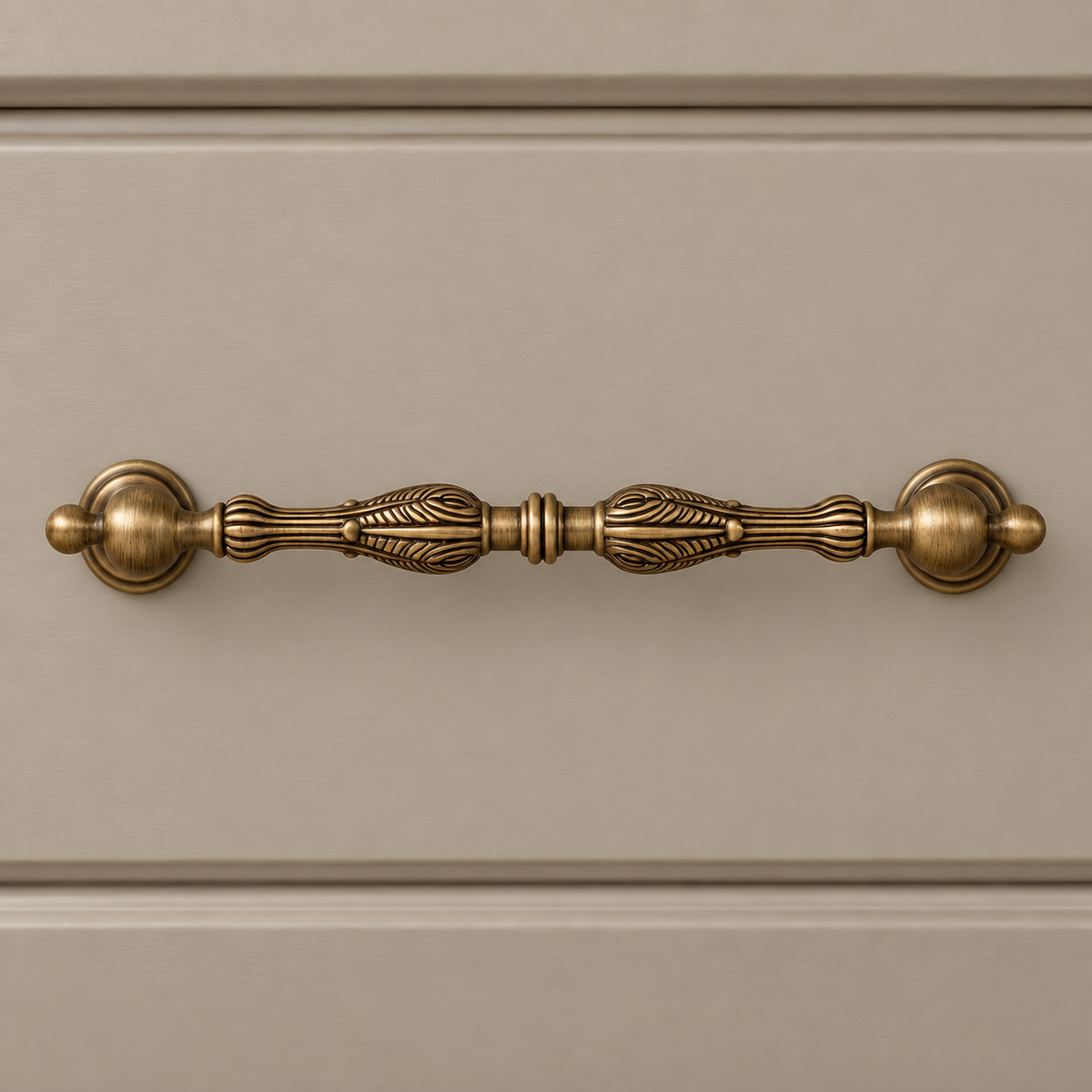 Ball-End Spindle Cabinet Pull & Knob — Antique Brass — installed