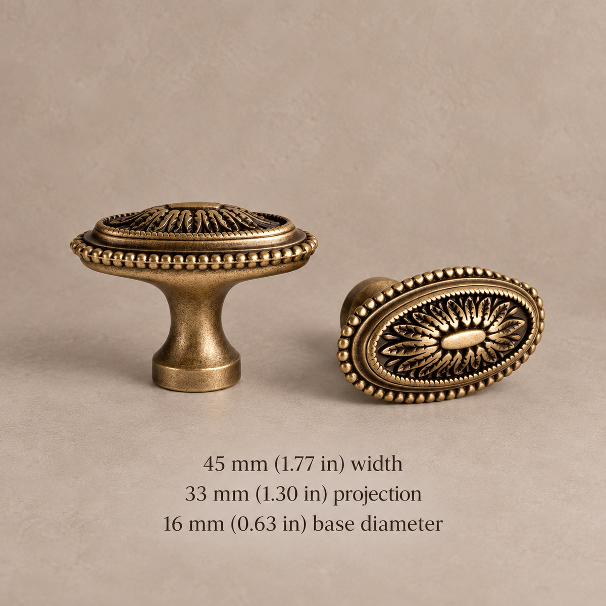 Ball-End Spindle Cabinet Pull & Knob — Antique Brass — oval-knob-45