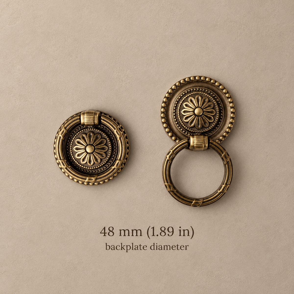 Ball-End Spindle Cabinet Pull & Knob — Antique Brass — ring-48