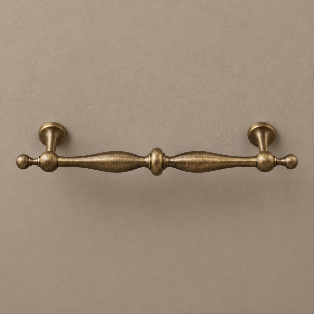 Beaded Spindle Cabinet Pull & Knob — Antique Bronze on warm ivory stone