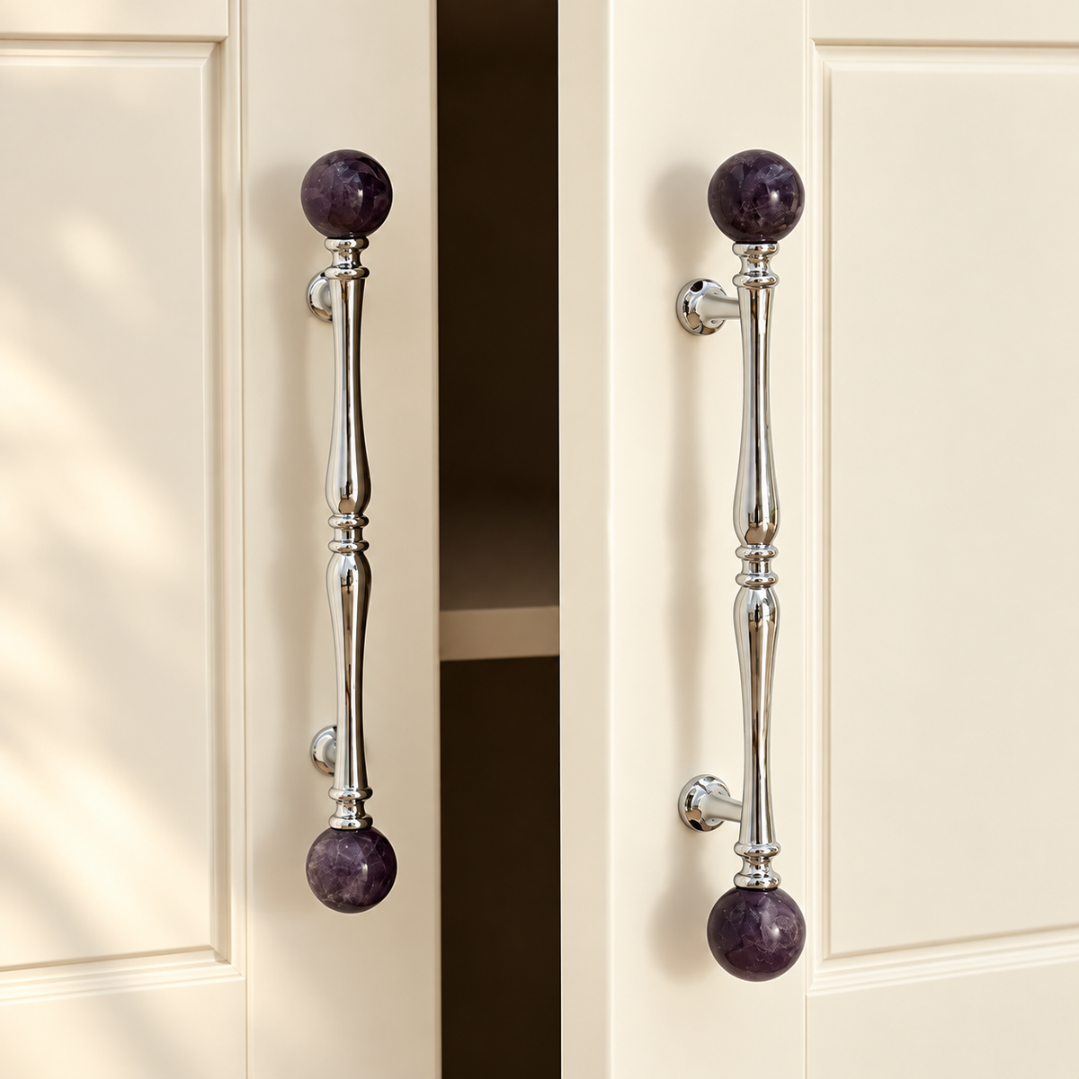 Chrome Brass Crystal Cabinet Pull & Knob - Solid Brass Luxury Hardware — correctly mounted on warm ivory cabinetry