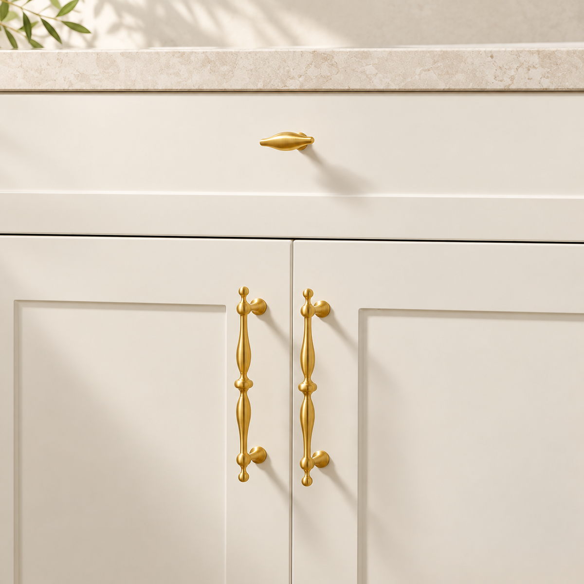 French Spindle Cabinet Pull & Knob — PVD Gold — correctly mounted cabinet hardware