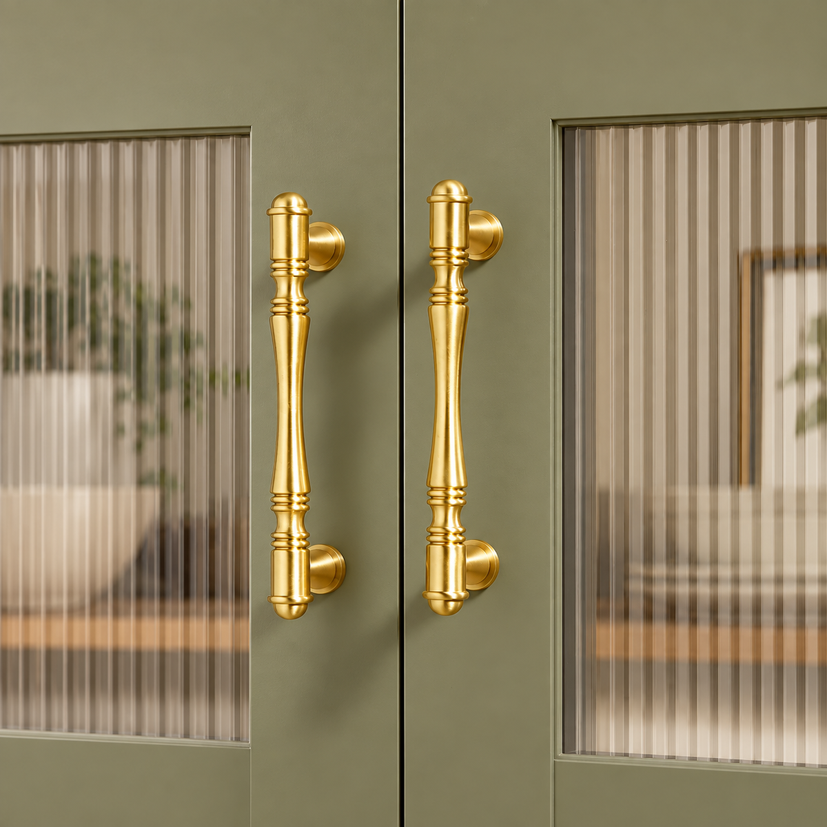 Gold T-Bar Cabinet Handle & Knob — Solid Brass Hat-End Design — correctly mounted cabinet hardware