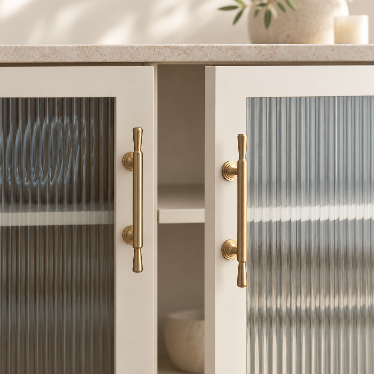 Modern Solid Brushed Brass Cabinet Pull & T-Bar Knob — correctly mounted cabinet hardware