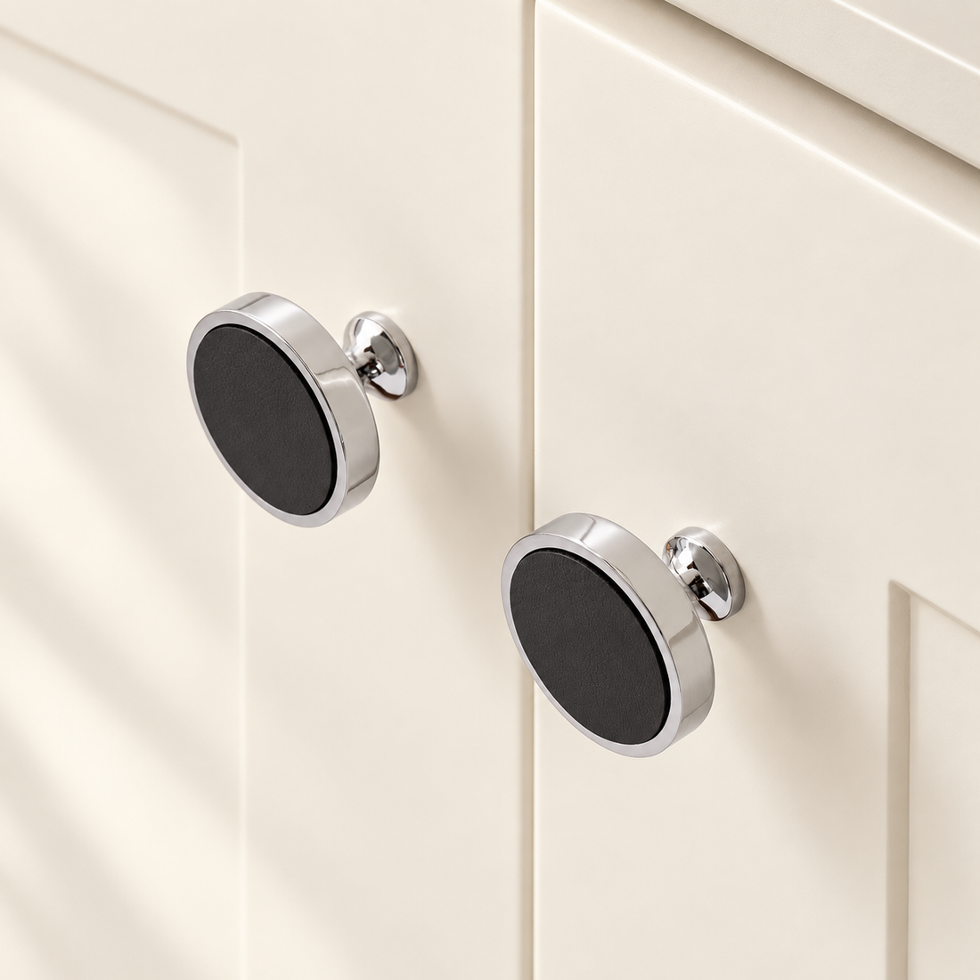 Chrome Brass Cabinet Knob with Natural Shell & Leather Inlays — approved main product image
