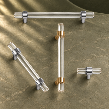 Clear Acrylic Cabinet Pull & T-Knob — Brushed Brass or Chrome on a deep olive studio background