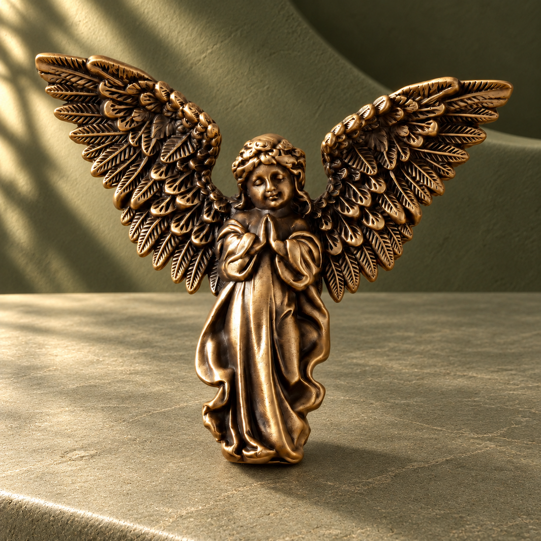Solid Brass Angel Cabinet Knob — Antique Brass on a deep olive studio background
