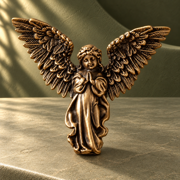 Solid Brass Angel Cabinet Knob — Antique Brass on a deep olive studio background