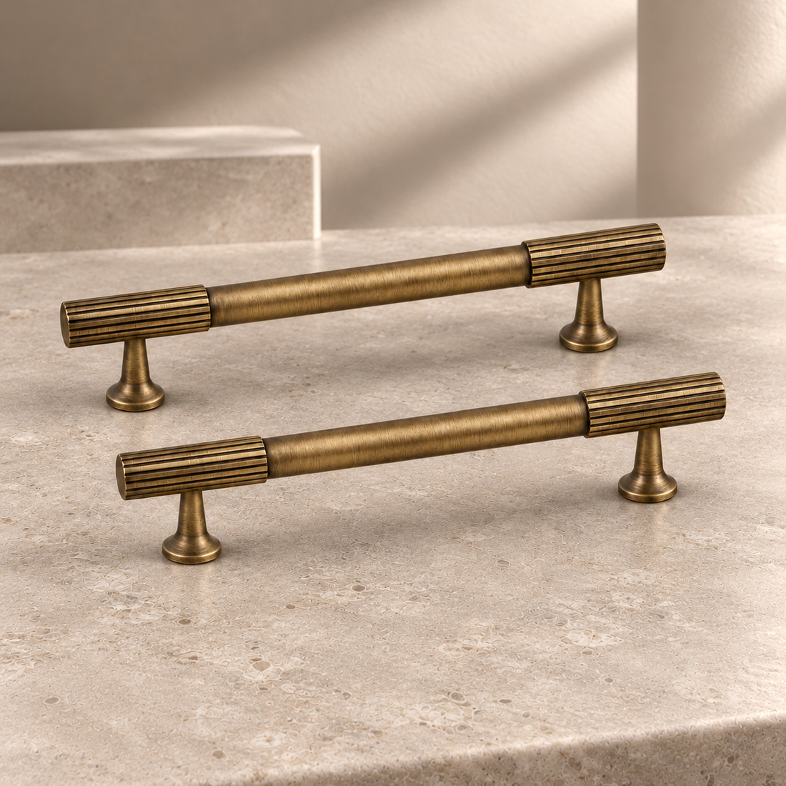 Reeded Bar Cabinet Pull & Knob — Antique Bronze on a neutral stone studio background