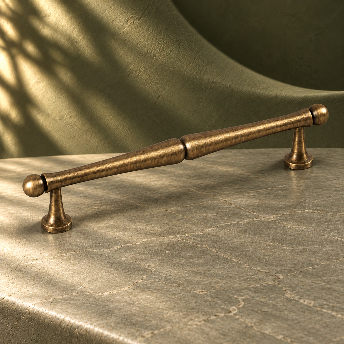 Antique Brass Cabinet Knob & Pull — Classic Vintage Design on a deep olive studio background