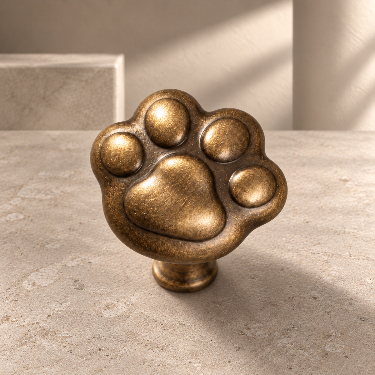 Solid Brass Cat Paw Cabinet Knob — Antique Brass on a neutral stone studio background