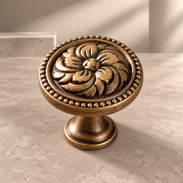 Solid Brass Floral Cabinet Knob — Antique Brass on a neutral stone studio background