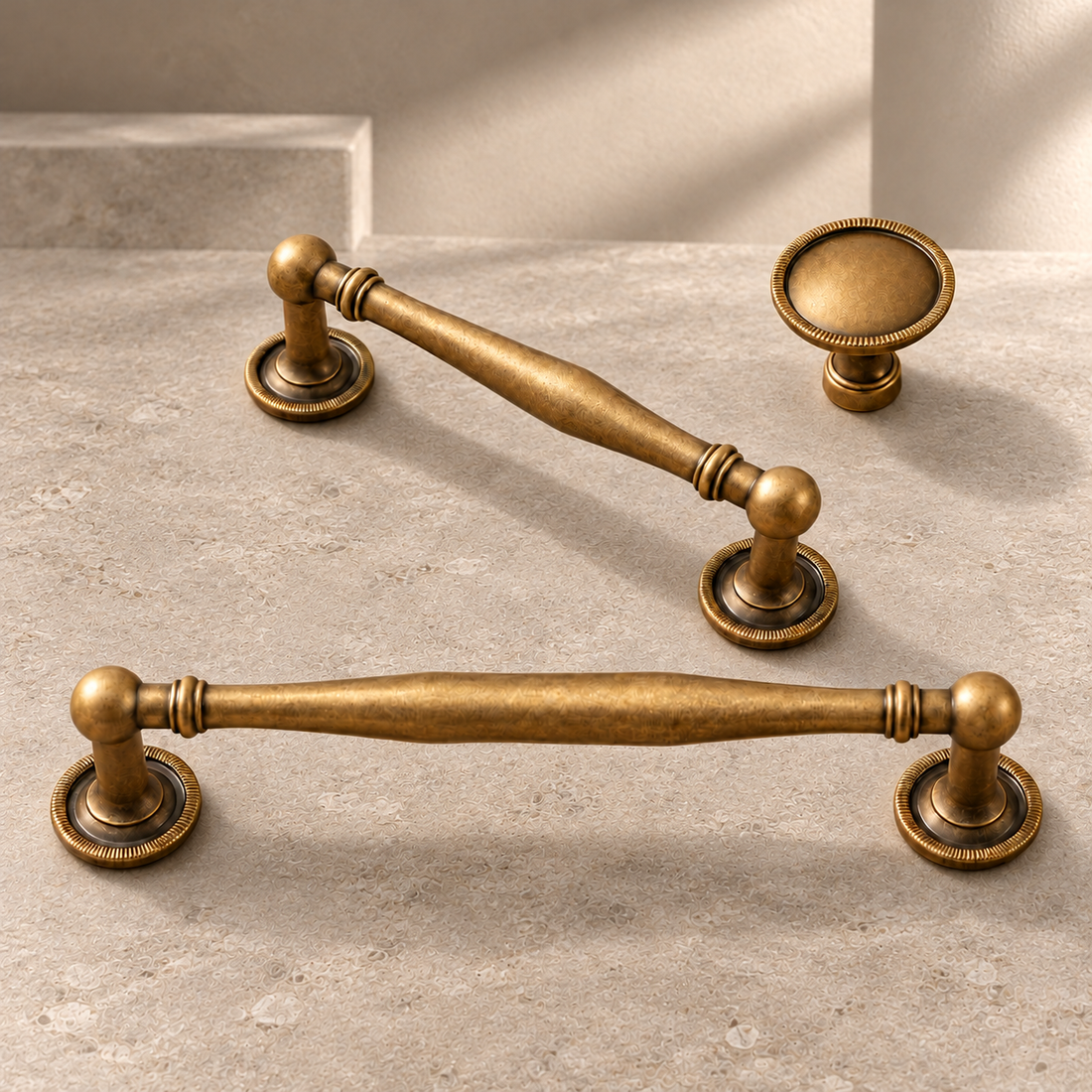 Modern Solid Brass Cabinet Pulls & Knob — Antique Brass on a neutral stone studio background