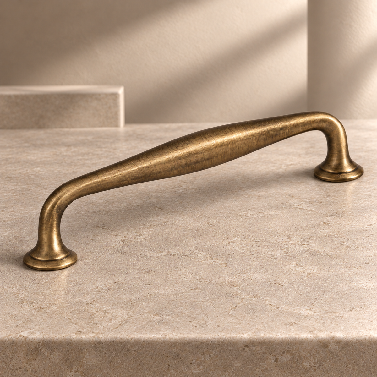 Squared U-Bar Cabinet Pull & Knob — Antique Brass on a neutral stone studio background