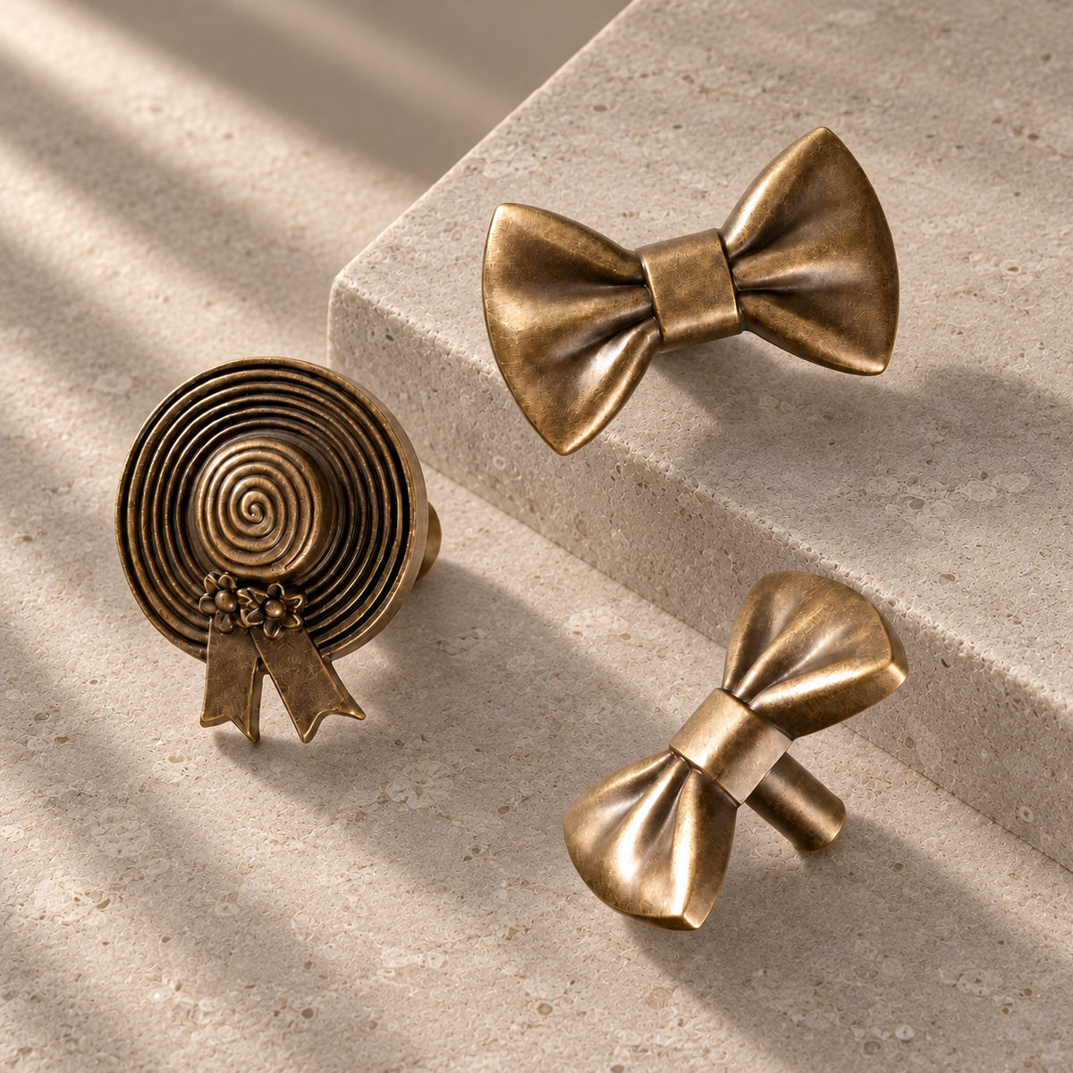 Antique Brass Tie & Medal Design Solid Brass Cabinet Knobs on a neutral stone studio background
