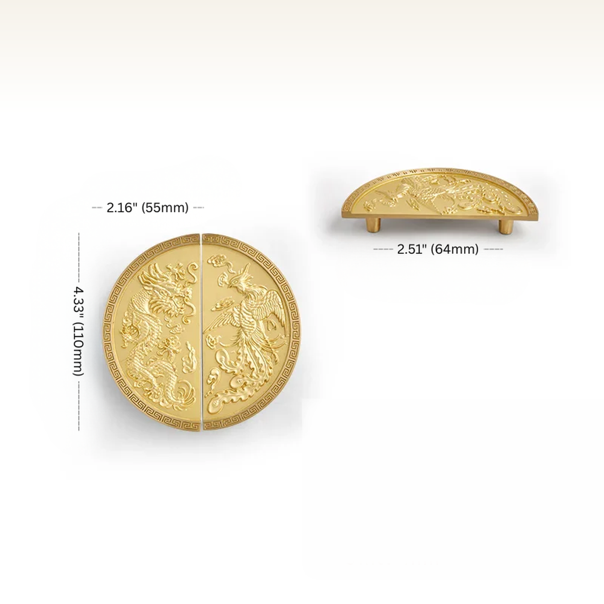 Classic Brass Cabinet Pull & Knob — Dragon & Phoenix Motif — measurements and dimensions 1