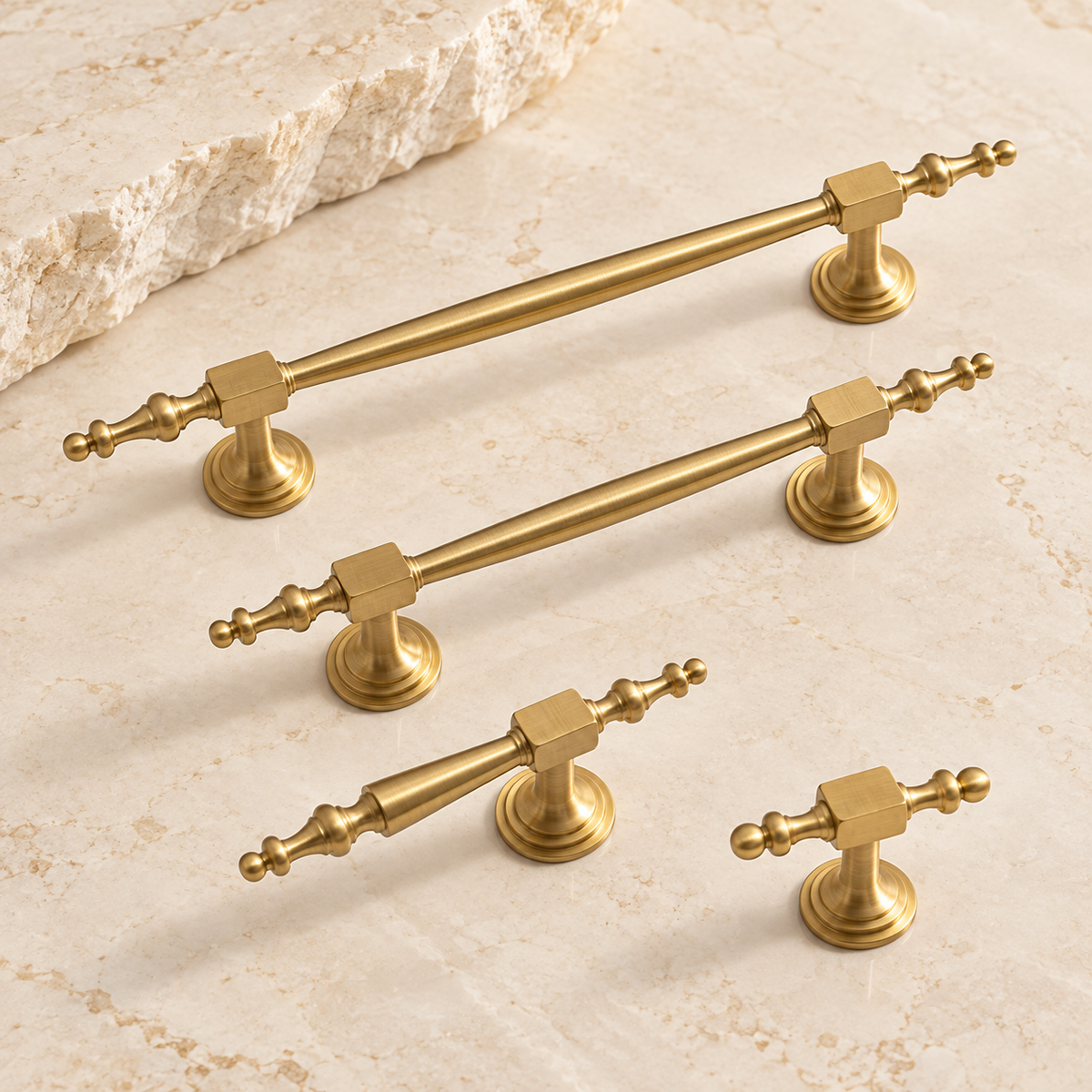 European Spindle Cabinet Pull & Knob — Brushed Brass — approved main product image