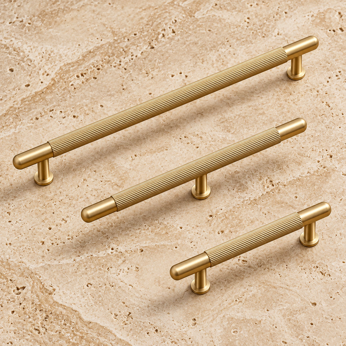 Extra-Long Ribbed Brushed Brass Cabinet Pull — Modern Design — approved main product image