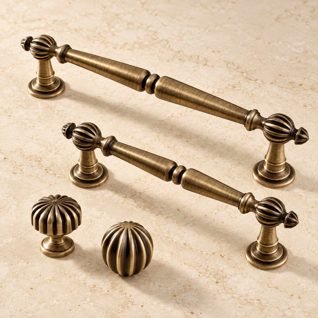 Fluted Barrel Cabinet Pull & Knob — Antique Brass — approved main product image