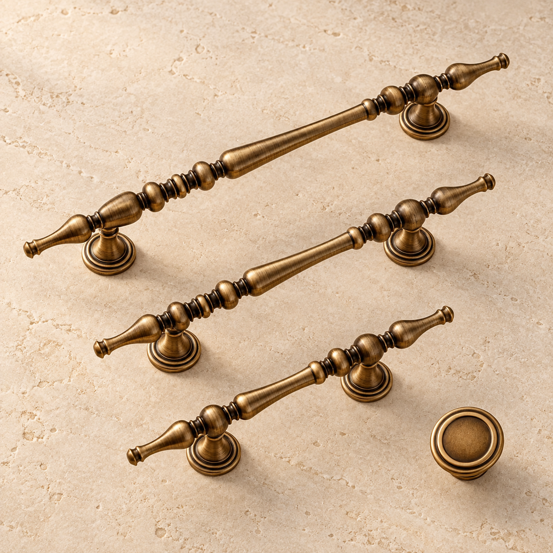 Ornate Spindle Cabinet Pull & Knob — Antique Brass — approved main product image