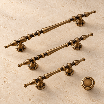 Ornate Spindle Cabinet Pull & Knob — Antique Brass — approved main product image