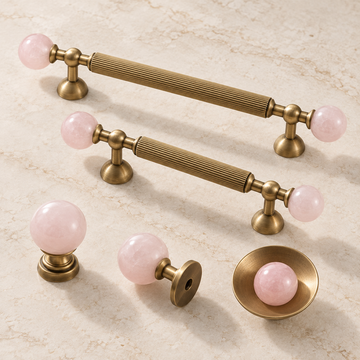 Pink Crystal Ball Brass Cabinet Knob & Ribbed Drawer Pull — approved main product image