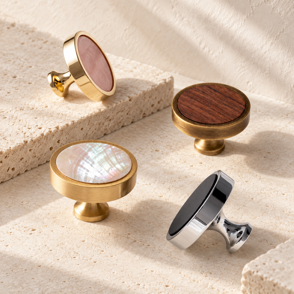 Chrome Brass Cabinet Knob with Natural Shell & Leather Inlays — approved main product image