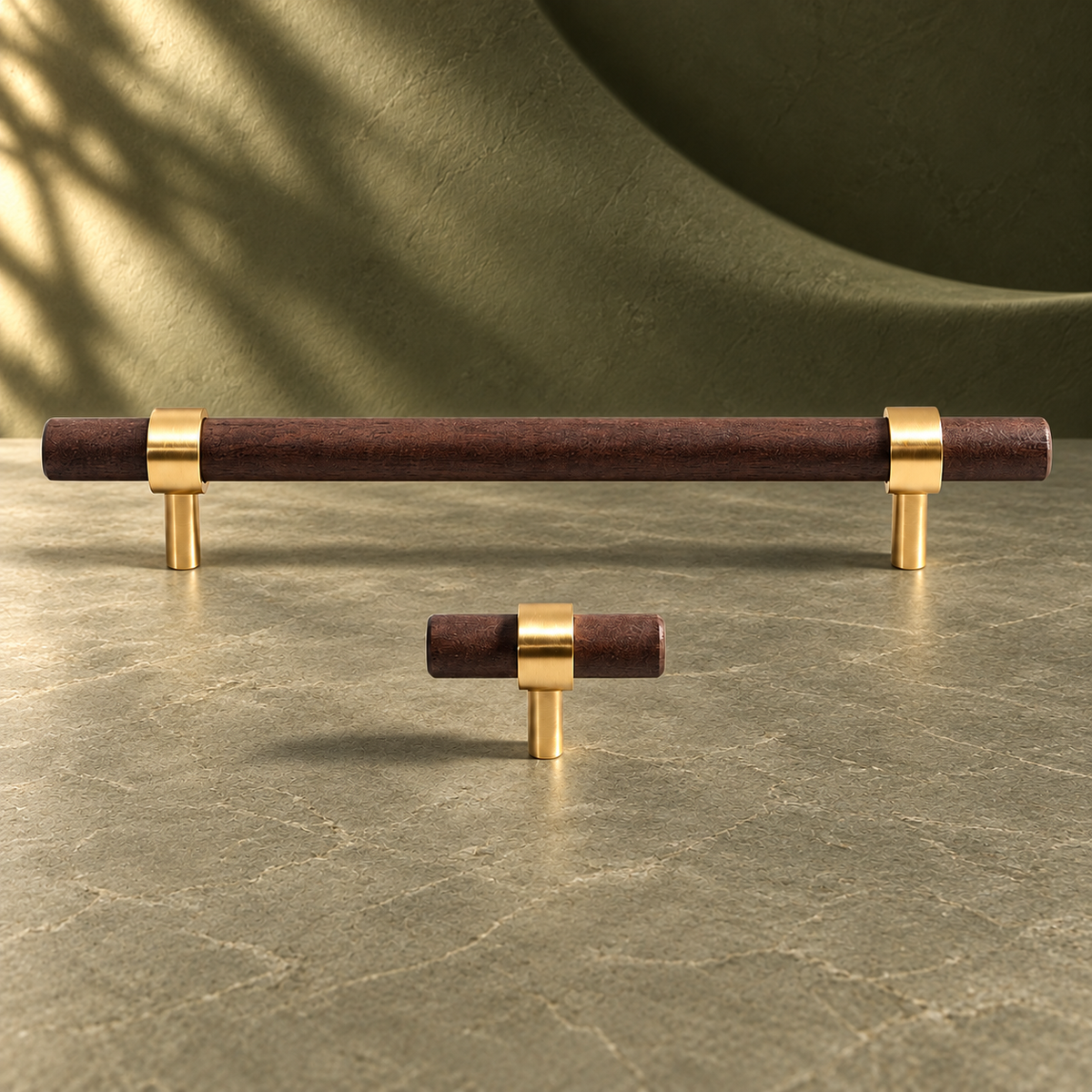 Black Walnut Wood Cabinet Pull & Knob — Solid Wood Handle on a deep olive studio background