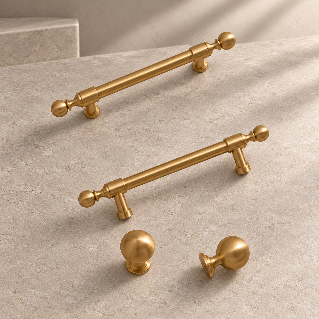 Slim Bar Cabinet Pull & Knob — Brushed Brass on a neutral stone studio background