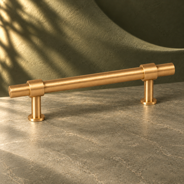 Brushed Brass Solid Cabinet Pull & Knob — Modern Design on a deep olive studio background