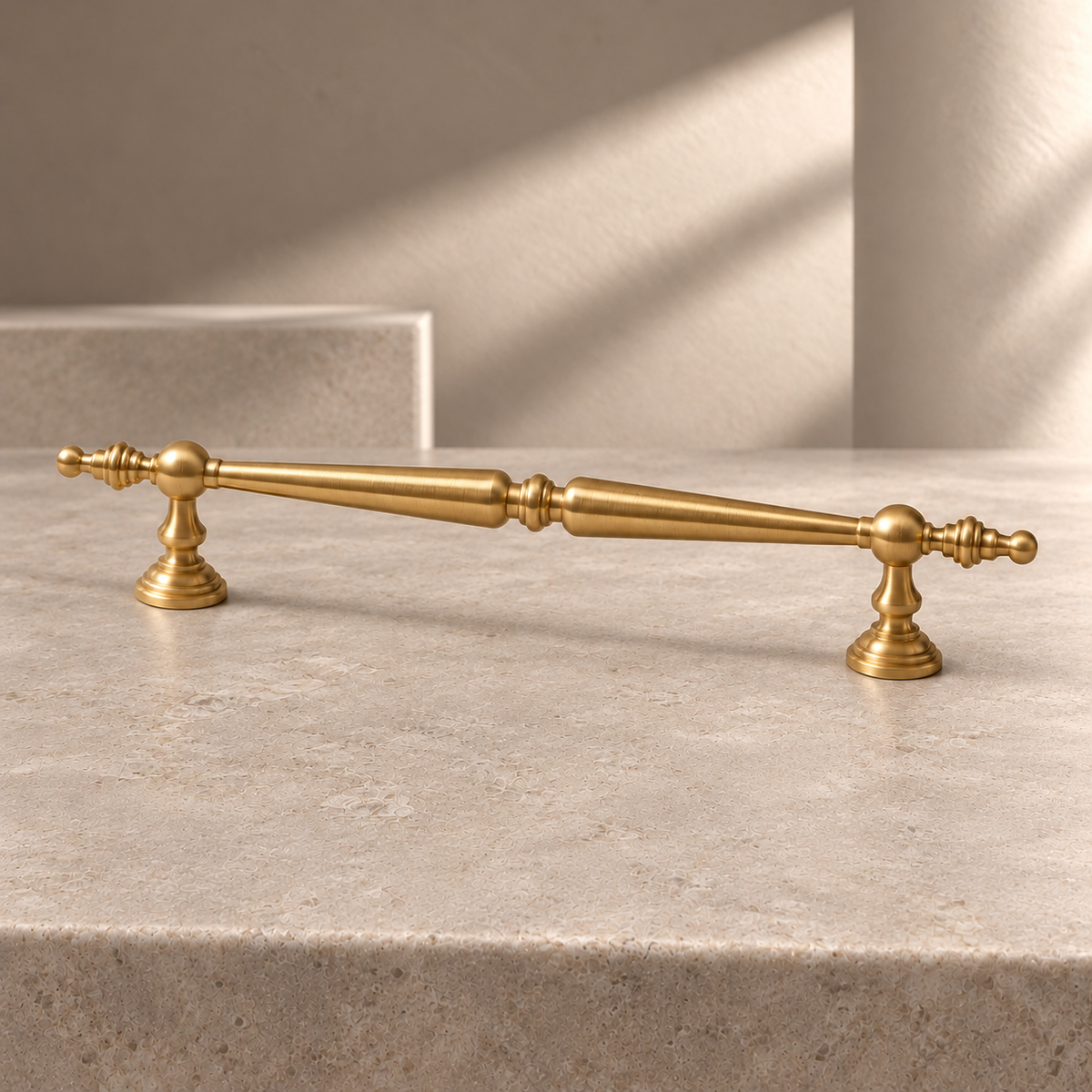 Brushed Brass T-Bar Cabinet Pulls & Knob — Solid Brass Kitchen & Furniture Hardware on a neutral stone studio background