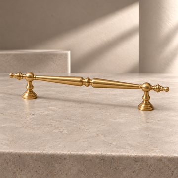 Brushed Brass T-Bar Cabinet Pulls & Knob — Solid Brass Kitchen & Furniture Hardware on a neutral stone studio background
