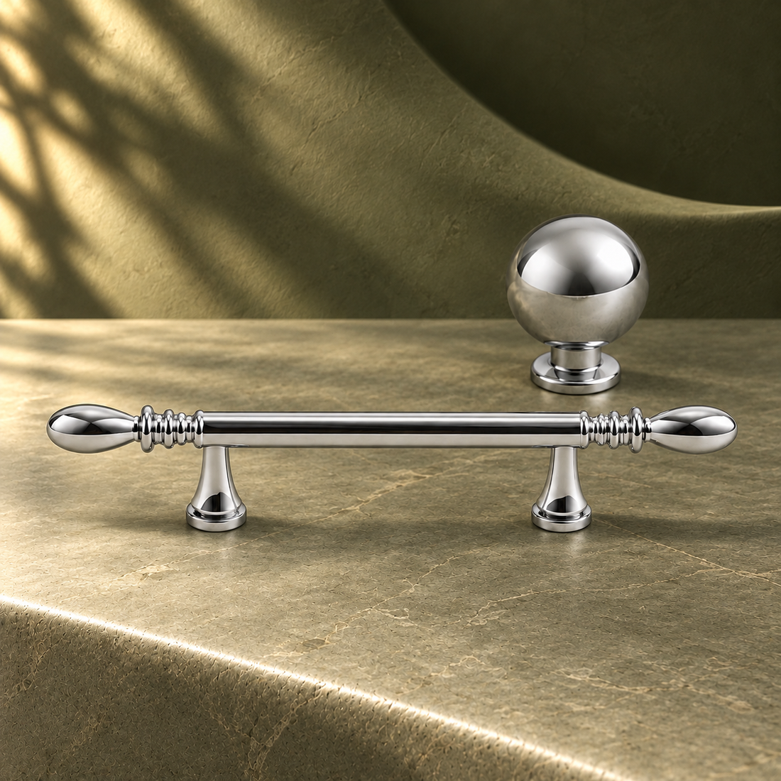 Chrome Brass Cabinet Handle & Knob — Modern Minimalist Hardware on a deep olive studio background