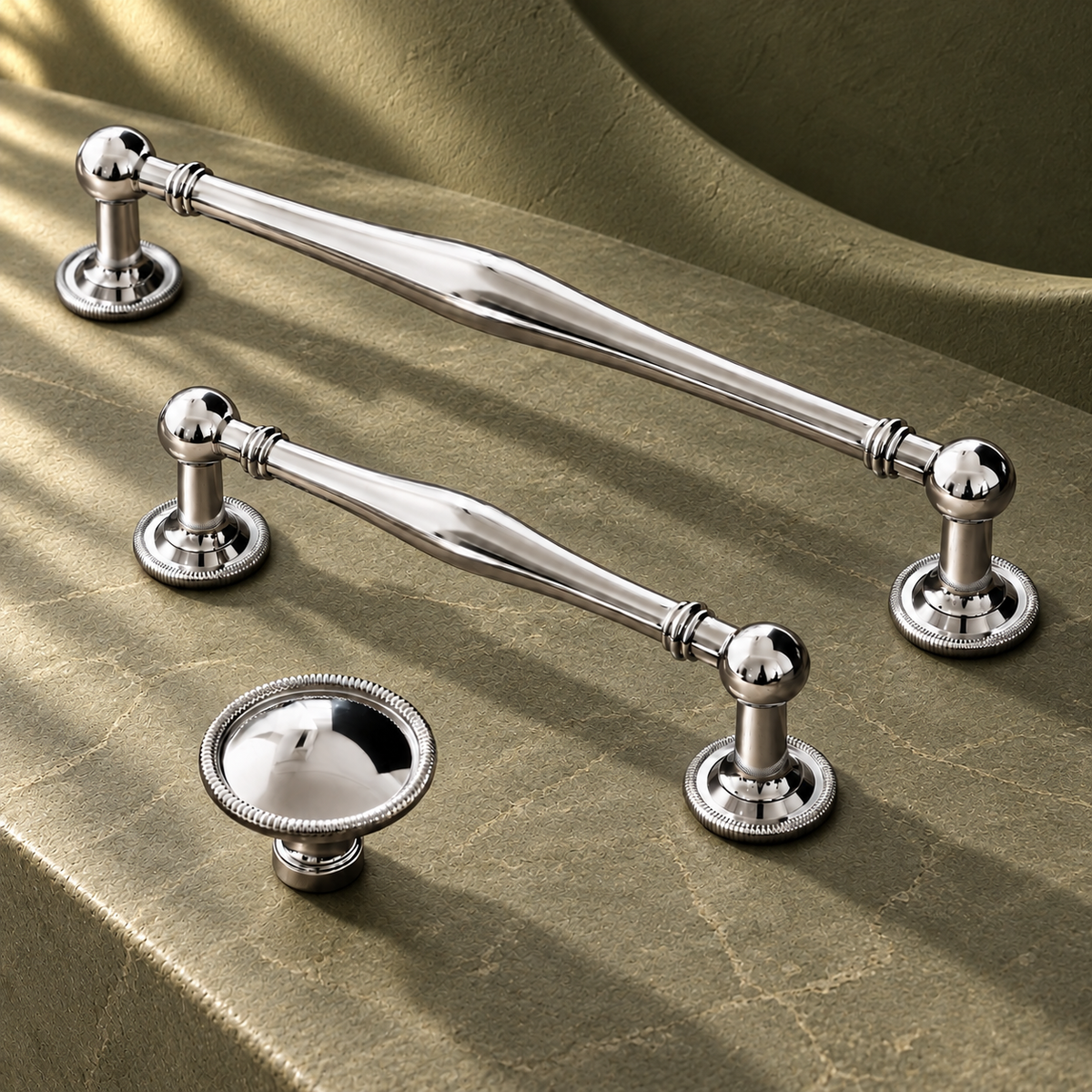 Chrome Brass Cabinet Pull & Knob — Solid Brass Furniture Hardware on a deep olive studio background