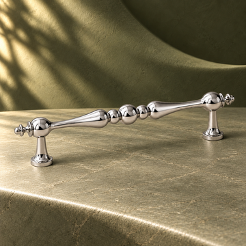 Chrome Brass Cabinet Pull & Knob — Solid Brass Kitchen Hardware on a deep olive studio background