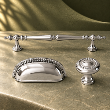 Chrome Brass Cabinet Pull & Knob — Solid Brass European Hardware on a deep olive studio background
