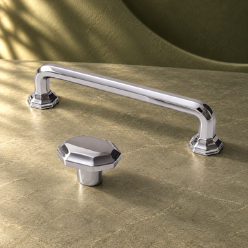 Square Bar Cabinet Pull & Knob — Chrome Brass on a deep olive studio background