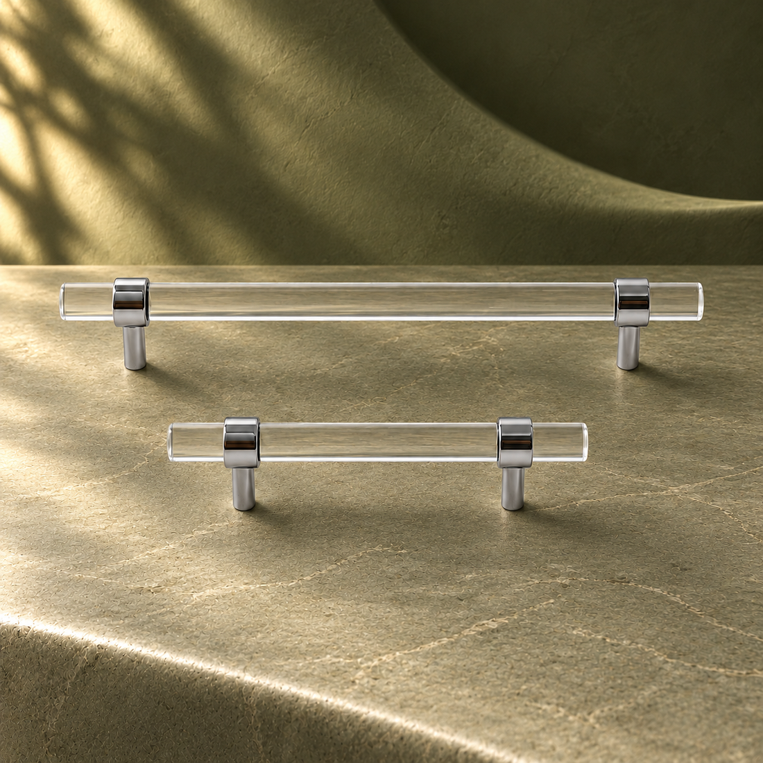 Chrome Brass & Clear Acrylic Cabinet Pull - Modern Minimalist Hardware on a deep olive studio background