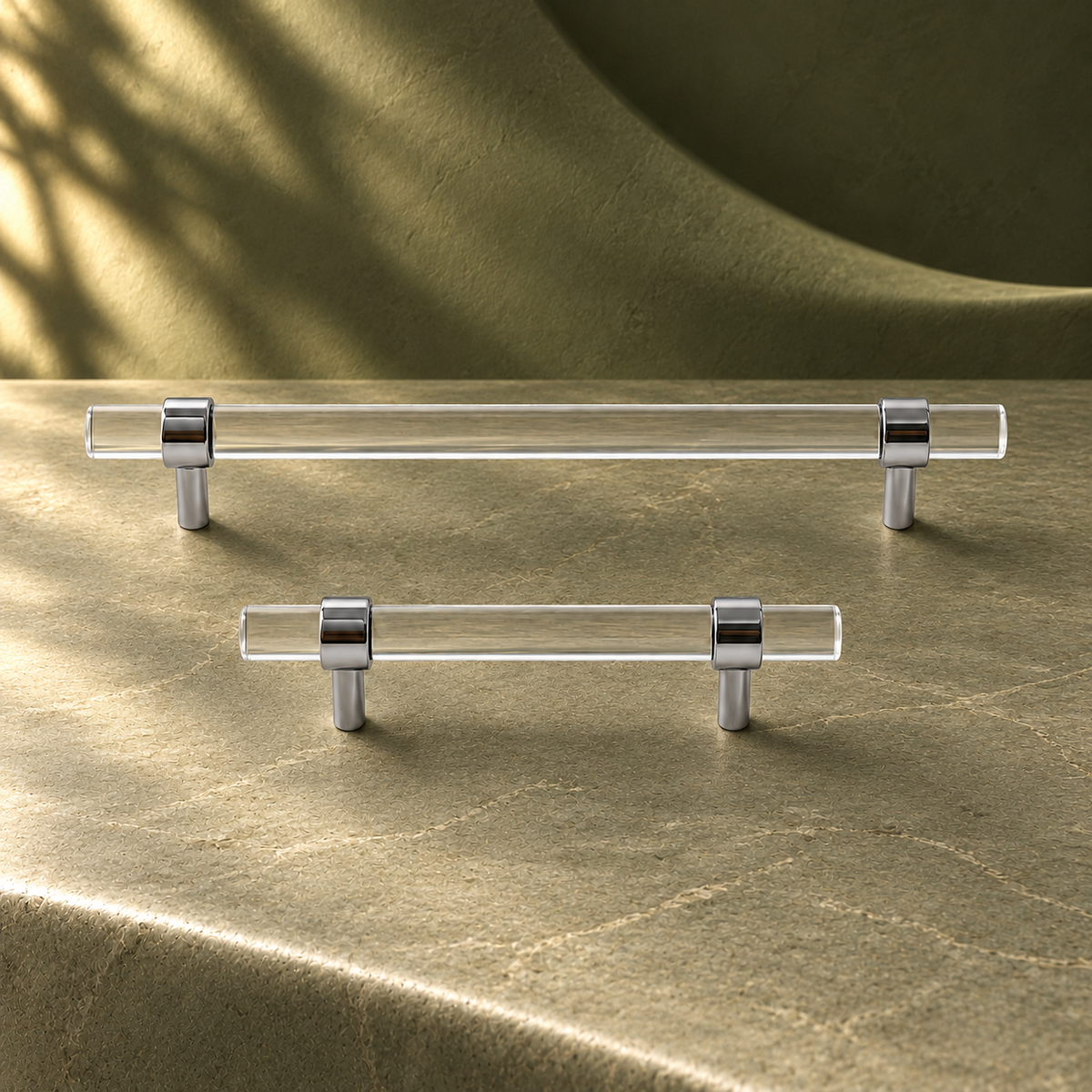 Chrome Brass & Clear Acrylic Cabinet Pull - Modern Minimalist Hardware on a deep olive studio background