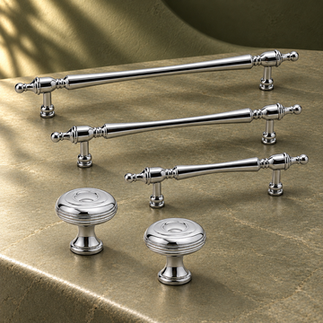 Chrome Brass Cabinet Pull & Knob — Solid Brass French-Style Hardware on a deep olive studio background