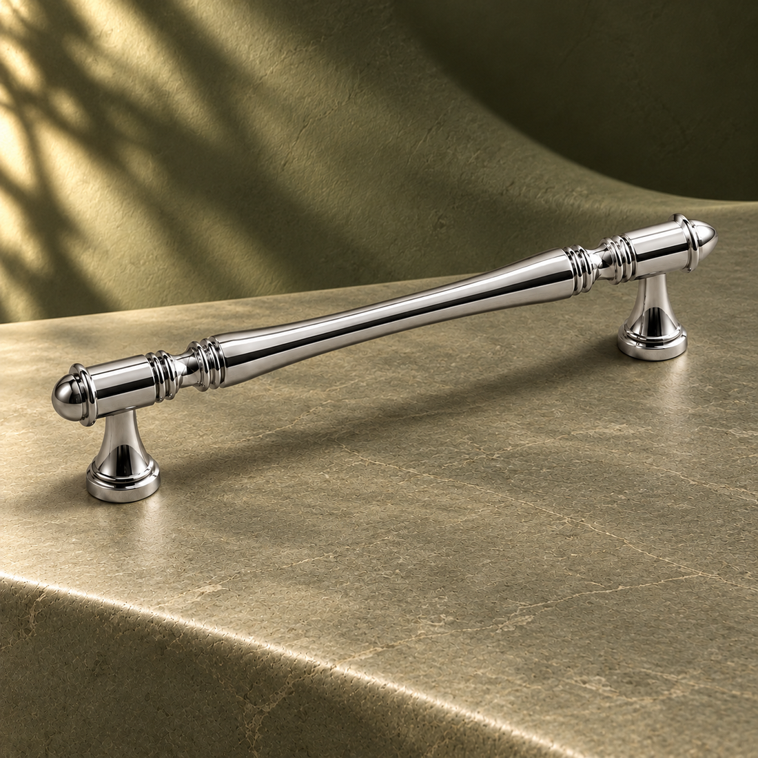 Chrome Brass Cabinet Pull & Knob — Modern Solid Brass Hardware on a deep olive studio background