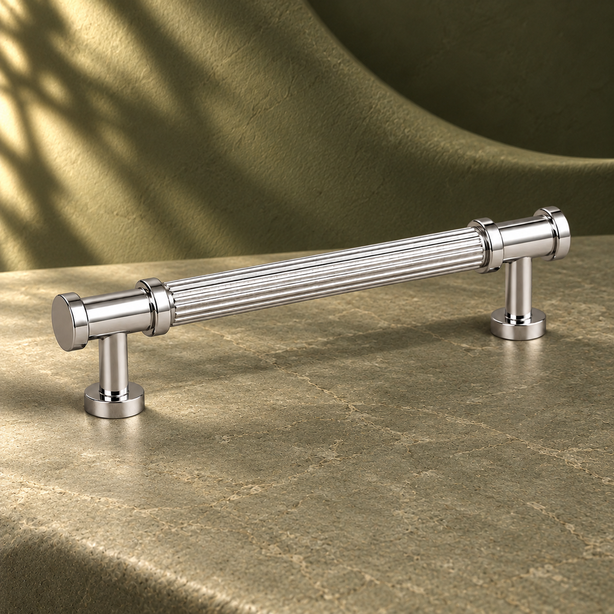 Chrome Brass Ribbed T-Bar Cabinet Pull & Knob — Solid Brass Hardware on a deep olive studio background