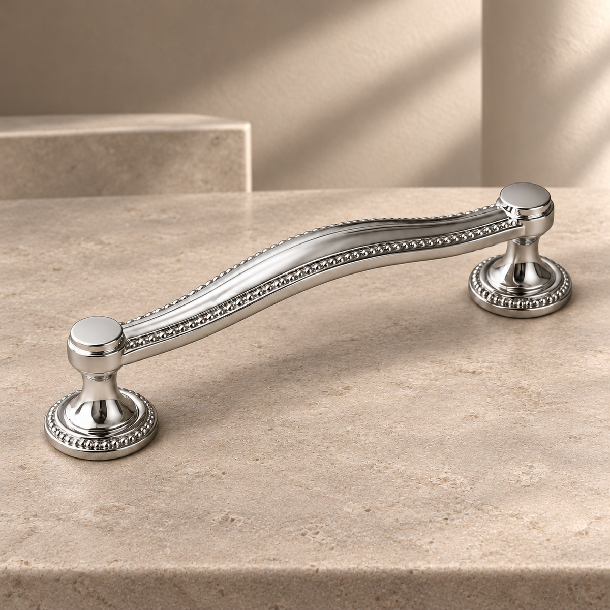 Chrome Brass Solid Brass Cabinet Pulls & Knobs — Classic Design on a neutral stone studio background