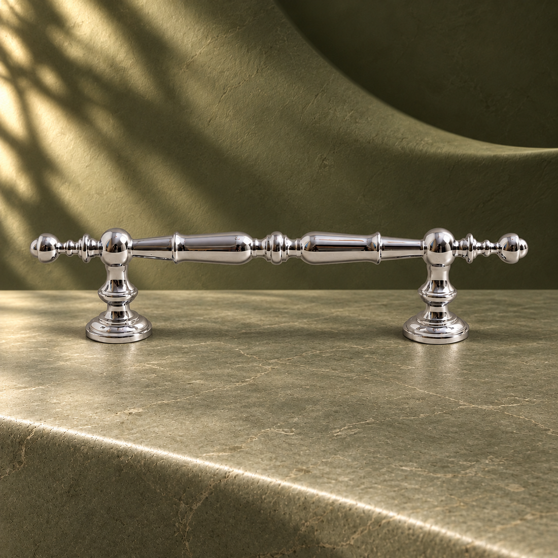 Turned Spindle Cabinet Pull & Knob — Chrome Brass on a deep olive studio background