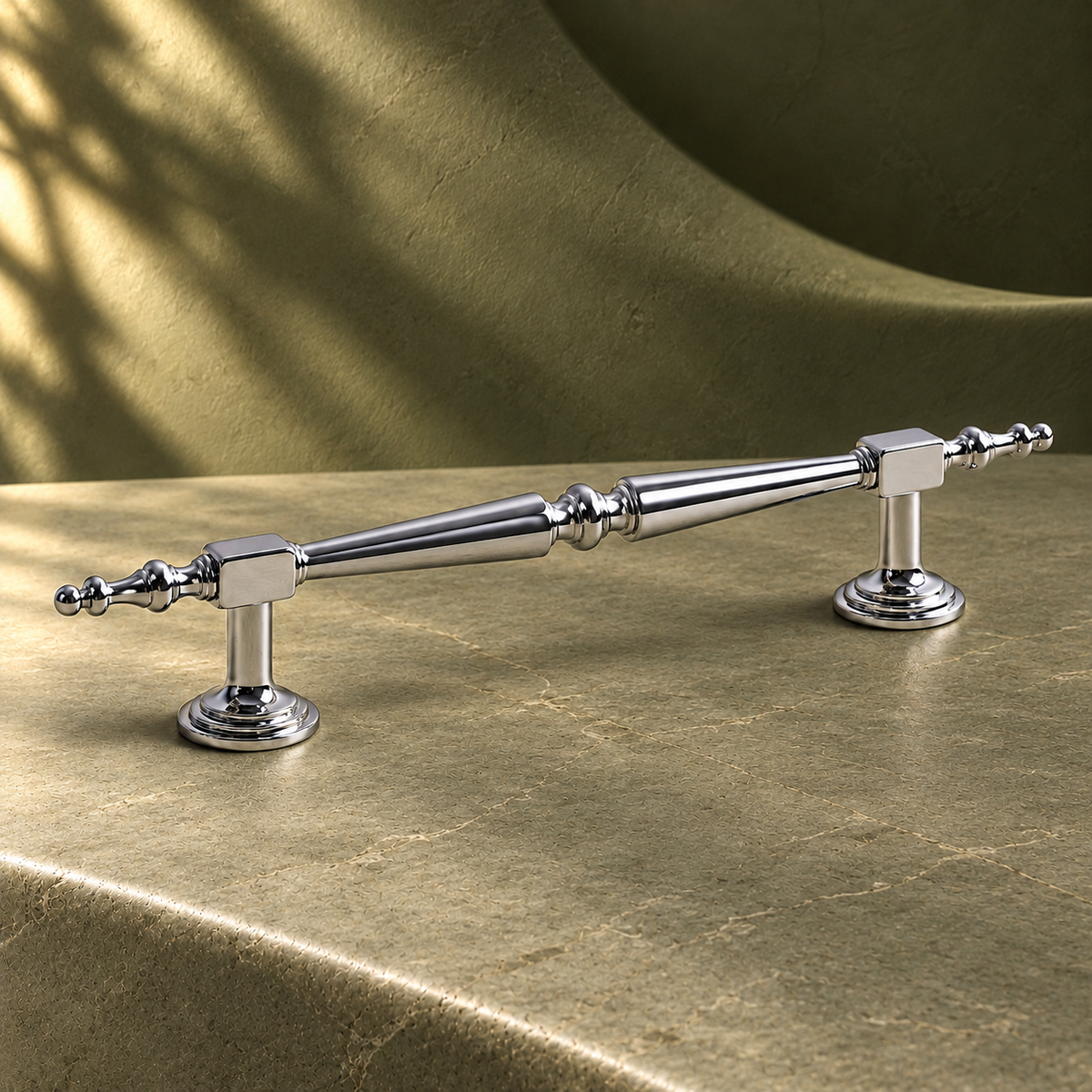 Chrome Brass Cabinet Pull — Solid Brass Modern Hardware on a deep olive studio background
