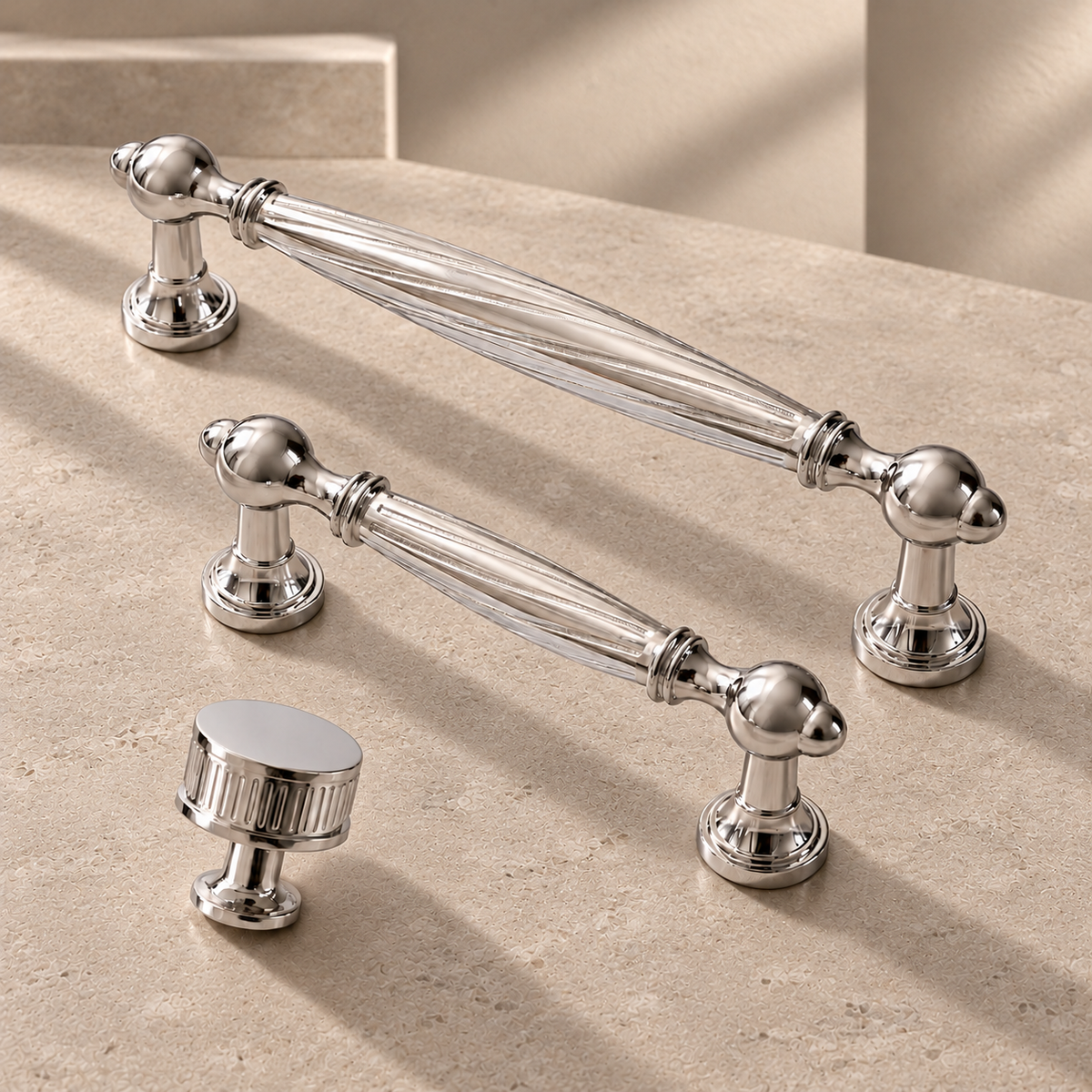 Chrome Brass Spiral Ribbed Cabinet Pull & Knob — American Style on a neutral stone studio background