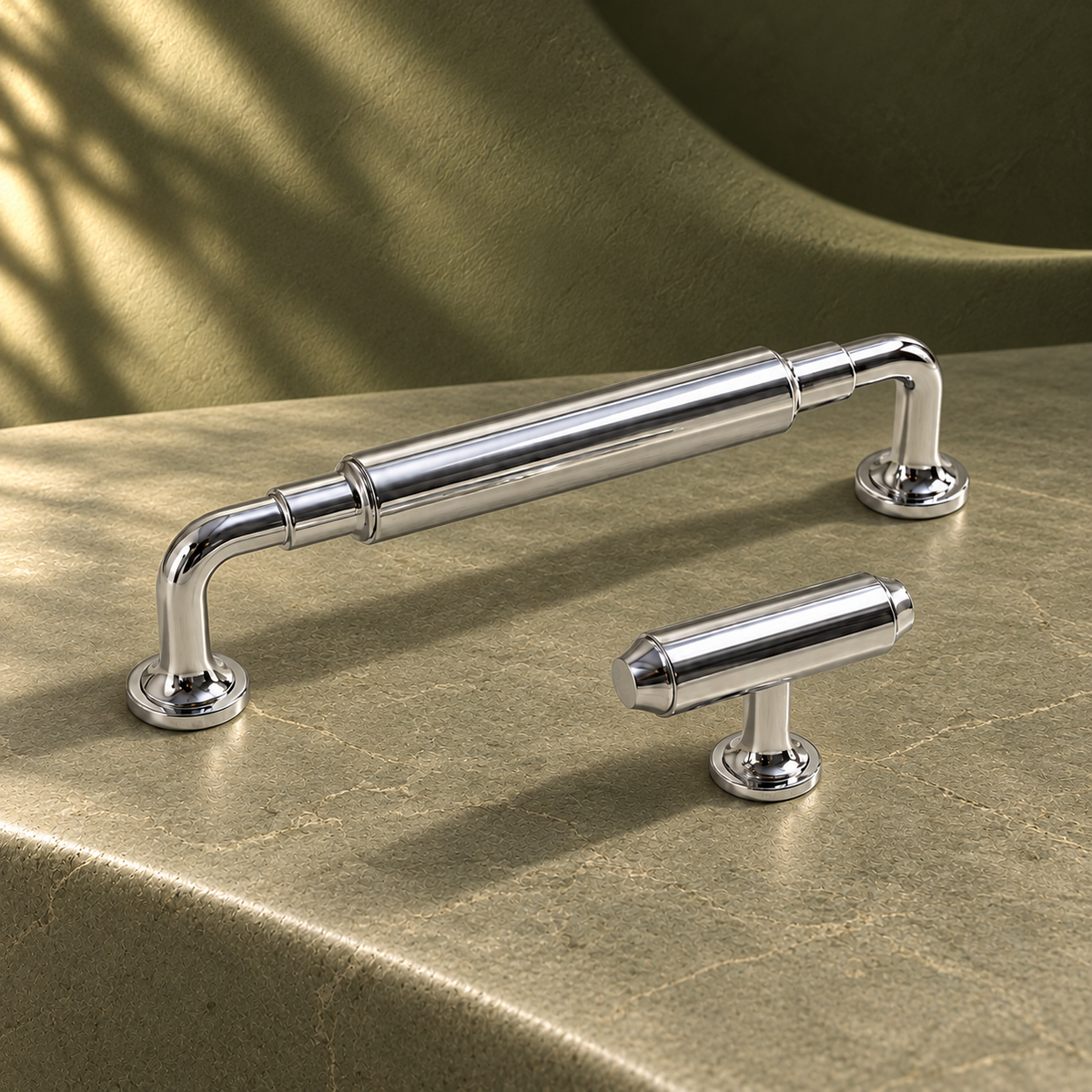 Chrome Brass T-Bar Cabinet Pull & Knob — Solid Brass Hardware on a deep olive studio background