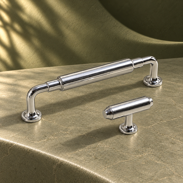 Chrome Brass T-Bar Cabinet Pull & Knob — Solid Brass Hardware on a deep olive studio background