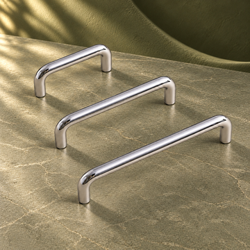 Chrome Brass U-Shaped Cabinet Pull — Solid Brass Long Handle on a deep olive studio background
